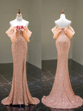 Modest Mermaid Off The Shoulder Pink Sequined With Slit Long Prom Dress For Women Girls Evening Dresses HZ0311