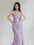 Charming Mermaid Strapless Lilac Slit Long Evening Prom Dresses Floor Length Evening Formal Dress HZ0311