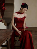 Simple Mermaid Sweetheart With Scarf Burgundy Satin Long Prom Dresses Formal Gowns Inspo Evening Outfit HZ0311