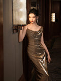 Glitter Mermaid Asymmetrical Neck Sequin Long Prom Dresses Champagne Formal Gowns Inspo Evening Outfit HZ0311