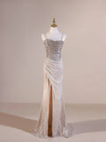 Sexy Mermaid Spaghetti Straps Champagne With Beadings Slit Wrap Long Prom Dresses Impress 19th Birthday Outfits Prom Gown HZ0311