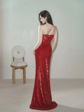 Simple Mermaid One Shoulder Burgundy Sequin Long Prom Dresses Formal Gowns Inspo Evening Outfit HZ0311