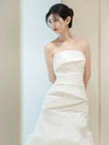 Plain Wedding Dresses Mermaid Strapless White Sleeveless Pleated Brides Dress Fitted Bridal Gowns HZ0311