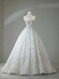 Classic Ball Gown High Neck Wedding Dresses Crystal Beading Sequin White Brides Dress Summer Bridal Gowns HZ0311