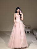 Sweet Ball Gown Strapless Pink Tulle With Lace For Women Party Dress Long Formal Prom Dresses 22th Birthday Outfits HZ0311