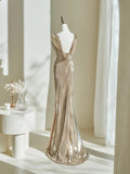 Modest Mermaid Straps Sequins Champagne For Women Party Dress Long Formal Prom Dresses 22th Birthday Outfits HZ0311