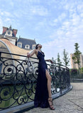 Modest Mermaid V Neckline Marine Ball Dresses Long Formal Gowns Navy Blue Sequin Slit Prom Dresses Evening Gowns HZ0311