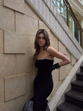 Vintage Mermaid Strapless Black Polka Dots Wedding Guest Dress Satin Long Prom Dresses Semi Formal Gown HZ0311