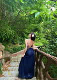 Sexy Navy Blue V-neck Lace-Up Mermaid Long Prom Dress with Slit HZ0311