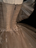 Elegant Ball Gown Off The Shoulder Champagne With Sleeves Tulle Inspiration Long Prom Dresses HZ0311