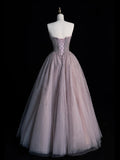 Modest Ball Gown Strapless Beadings Gray Tulle Long Prom Dresses For High School Teens Girls Formal Bridesmaid Dress HZ0311