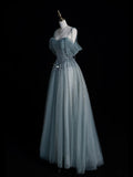 Elegant Ball Gown Off The Shoulder Dusty Grey Tulle Long Prom Dresses For Teens Evening Outfits Formal Dress HZ0311