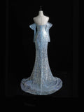 Beautiful Mermaid Off The Shoulder Light Sky Blue Sequin Long Prom Dresses Formal Gowns Inspo Evening Outfit HZ0311
