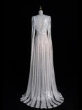 Modest A Line V Neck White Sequin With Long Sleeves Cape Prom Dresses Evening Party Formal Gown 17th Birthday Outfits HZ0311
