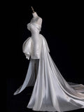 Princesses Elegant Sheath Strapless White Sequined With Satin Train Wedding Gown Short Fairytale Summer Wedding Dresses HZ0311