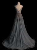 Modest A line V Neck Grey Tulle With Beadings College Formal Outfits Long Prom Inspo Graduation Dresses HZ0311