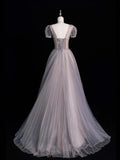 Beautiful Ball Gown V Neck Tulle With Short Sleeves Long Prom Dresses Inspiration Evening Gowns Formal Dress HZ0311