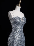 Chic Mermaid Spaghetti Strap Silver Gray Sequins Senior Prom dresses High School Long Formal Dresses HZ0311