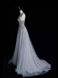 Chic A line Halter Silver Gray Sequins Senior Prom dresses High School Long Formal Dresses HZ0311