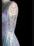 New Mermaid Square Neck Sequins Silver Long Prom Dresses For High School Teens Girls Formal Bridesmaid Dress HZ0311