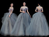 Modest Ball Gown Off The Shoulder Silver Tulle Prom Dresses Inspiration Party Gowns Princess Formal Dress HZ0311