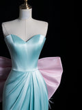 Stunning A line Sweetheart Blue Satin With Bow-knot Prom Dresses Inspiration Evening Dress Princess Graduation Gown HZ0311