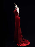Stunning Mermaid Scoop Neck Burgundy Velvet With Tassels Prom Dresses Inspiration Evening Dress Princess Graduation Gown HZ0311