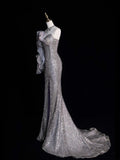 Princess Mermaid Sweetheart Grey Sequined With Slit Long Formal Evening Dress Gowns Prom Dresses HZ0311