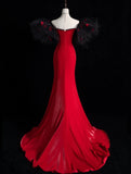 Elegant Mermaid Off The Shoulder Red Satin With Sleeves Floor Length Inspiration Long Prom Dresses HZ0311