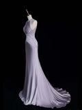 Princess Mermaid Halter Dusty Lilac Satin Long Formal Evening Dress Gowns Prom Dresses HZ0311