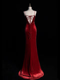 Modest Mermaid Spaghetti Strap Burgundy Velvet Sleeveless Long Prom Dress For Women Girls Evening Dresses HZ0311