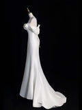 Modest Mermaid Sweetheart With Straps Sleeves White Satin Wedding Dress Long Fairytale Autumn Wedding Dresses HZ0311