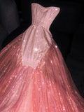 Glittery Mermaid Strapless Coral Pink Sequined Long Formal Evening Dress Formal 18th Birthday Gowns Prom Dresses HZ0311