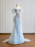 Luxurious Mermaid Off The Shoulder Light Sky Blue With Short Sleeves Prom Dresses Long Evening Formal Birthday Party Gowns HZ0311