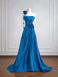 Simple A Line One Shoulder Royal Blue With Flowers Long Prom Dresses Impress 18th Birthday Outfits Party Gown HZ0311