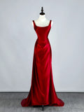 Modest Mermaid Square Neck Wine Red Satin With Ruffles Long Prom Dresses Night Formal Dresses HZ0311
