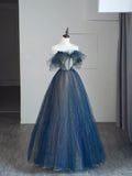 Modest Ball Gown Off The Shoulder Blue Tulle College Formal Sweet 16 Outfit Long Prom Dresses For Teens HZ0311