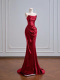 Romantic Mermaid Strapless Red Satin Long Prom Dresses Impress 18th Birthday Outfits Party Gown HZ0311