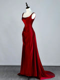 Stunning Mermaid Square Neck Burgundy Satin Long Prom Dresses Inspiration Evening Dress Princess Graduation Gown HZ0311