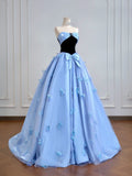 Timeless Ball Gown Strapless Blue Satin With Bow-knot Long Prom Dresses Inspiration Party Gowns HZ0311