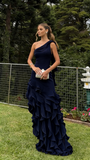Simple Mermaid One Shoulder Light Sky Blue Chiffon With Ruffles Long Prom Dresses Impress Wedding Guest Dress Party Gown HZ0311