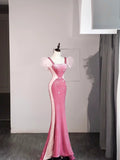 Classy Mermaid Square Pink Velvet Sleeveless Senior Prom dresses High School Long Formal Dress HZ0311