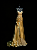 Modest A line Halter Gold Satin College Formal Outfit Long Prom Graduation Dresses For Teens HZ0311