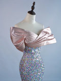 Sparkly Mermaid Off The Shoulder Silver Sequin Short Sleeves Long Prom Dresses Formal Gowns Evening Dress HZ0311