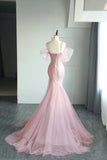 Gorgeous Mermaid Spaghetti Strap Pink Tulle Prom Dresses Sleeveless Long Formal Party Gown HZ0311