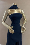 Charming Dark Navy Strapless Sleeveless Stain Prom Dresses Sheath Long On Sale HZ0311