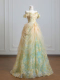 Fairytale Ball Gown Off The Shoulder Green Floral Tulle Long Formal Evening Dress Formal Birthday Gowns Prom Dresses HZ0311