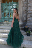 Modest tulle long A line spaghetti straps dark green prom dress with lace Formal Party Gown HZ0311
