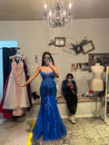 Flattering Mermaid Sweetheart Royal Blue With Lace Appliques Slit Bodice Prom Dresses Long Birthday Party Dress Evening Dresses HZ0311