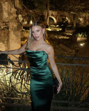 Simple Mermaid Strapless Dark Green Satin Long Prom Dresses Formal Dress Party 20th Birthday Outfits HZ0311